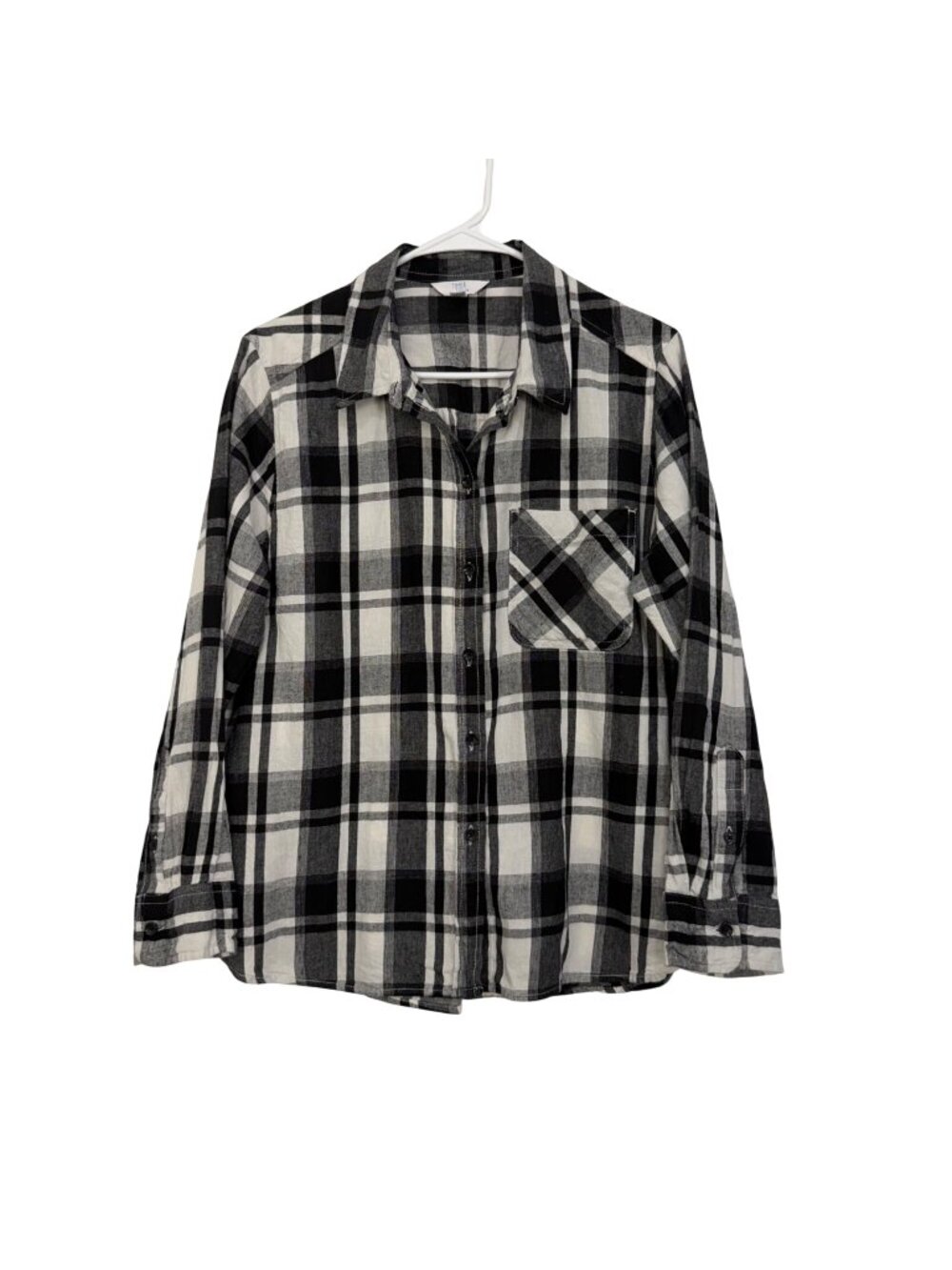 Time And Tru Black&White Plaid Flannel Long Sleeve Button-Up Shirt SZ L (12-14)